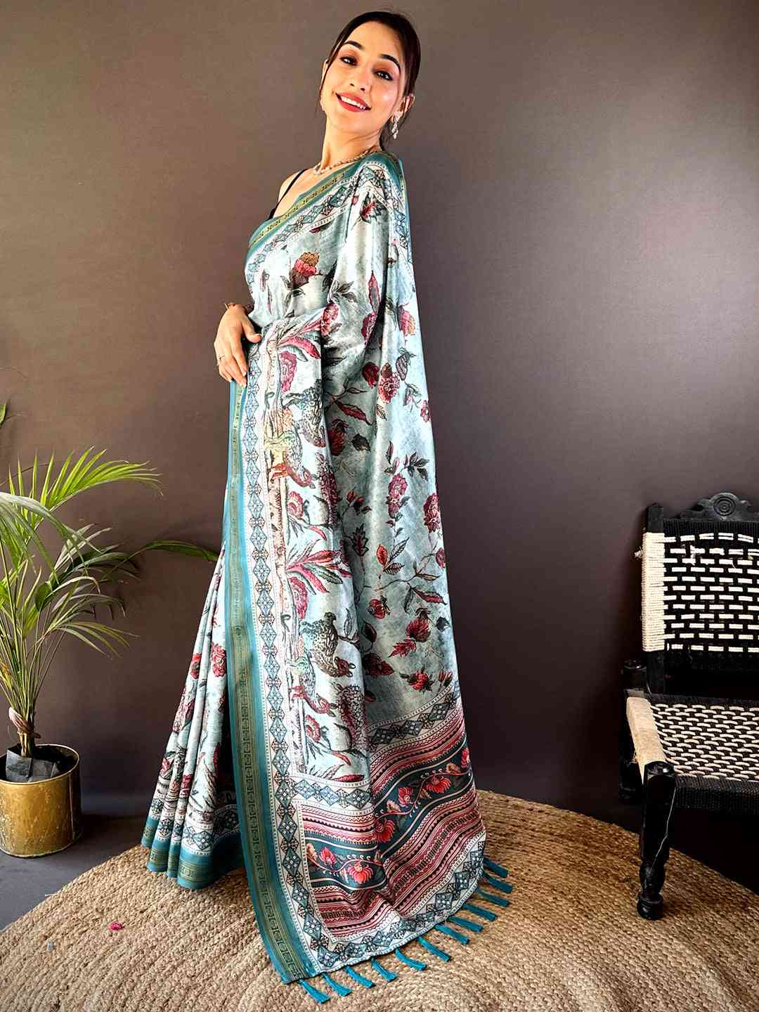 Sky Blue Soft Silk Kalamkari Print Saree by My Store