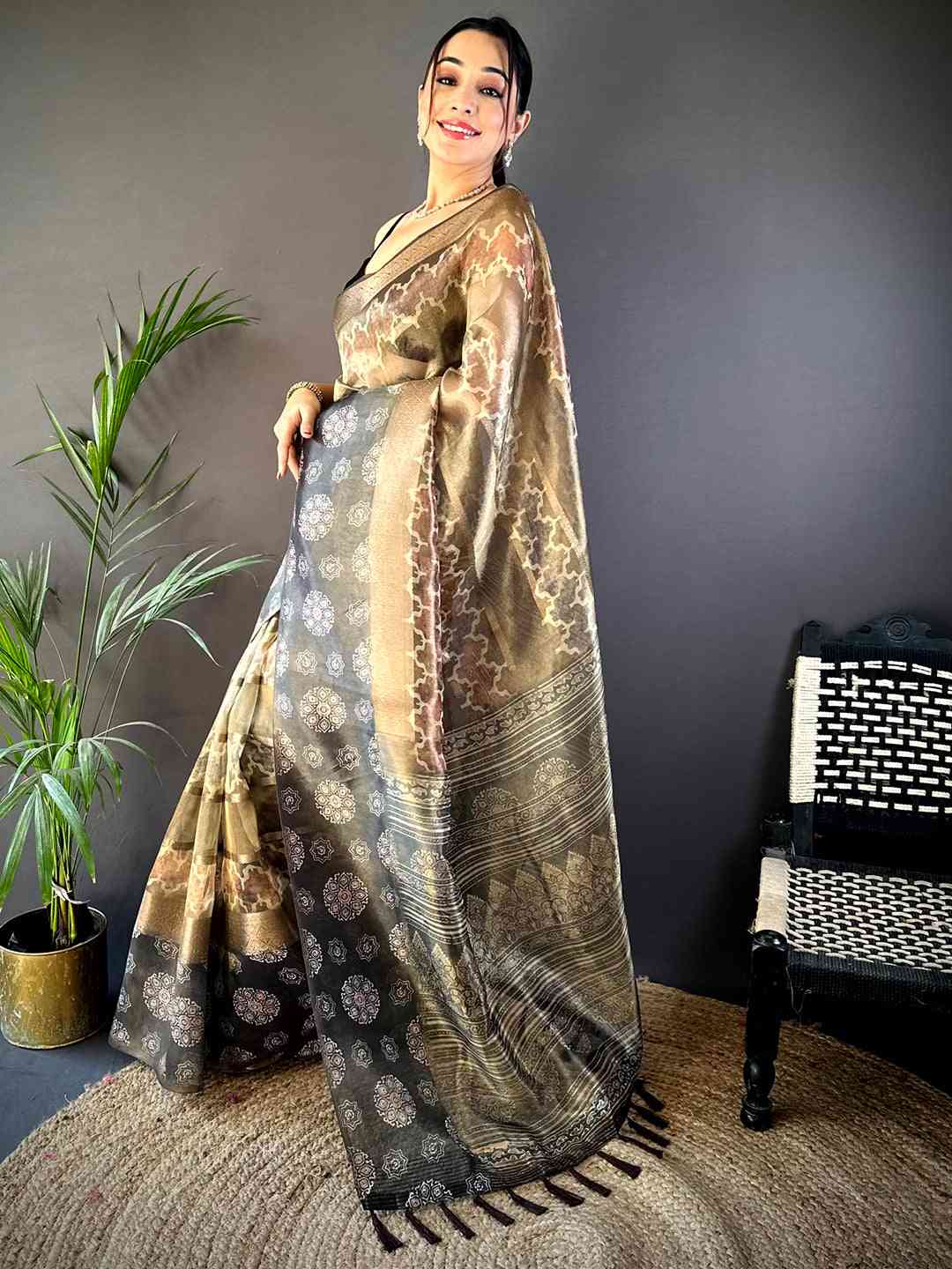 Light Chikku Tissue Striped Digital Printed Saree by My Store