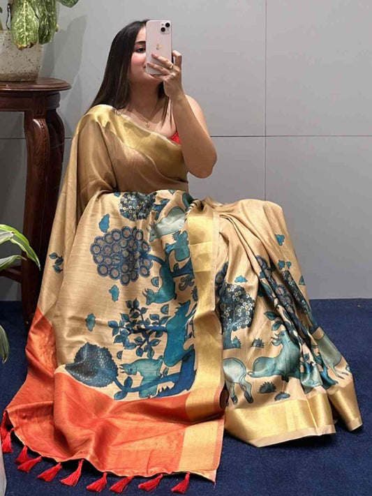 Incredible Pen Kalamkari Linen Tissue Soft Saree by My Store