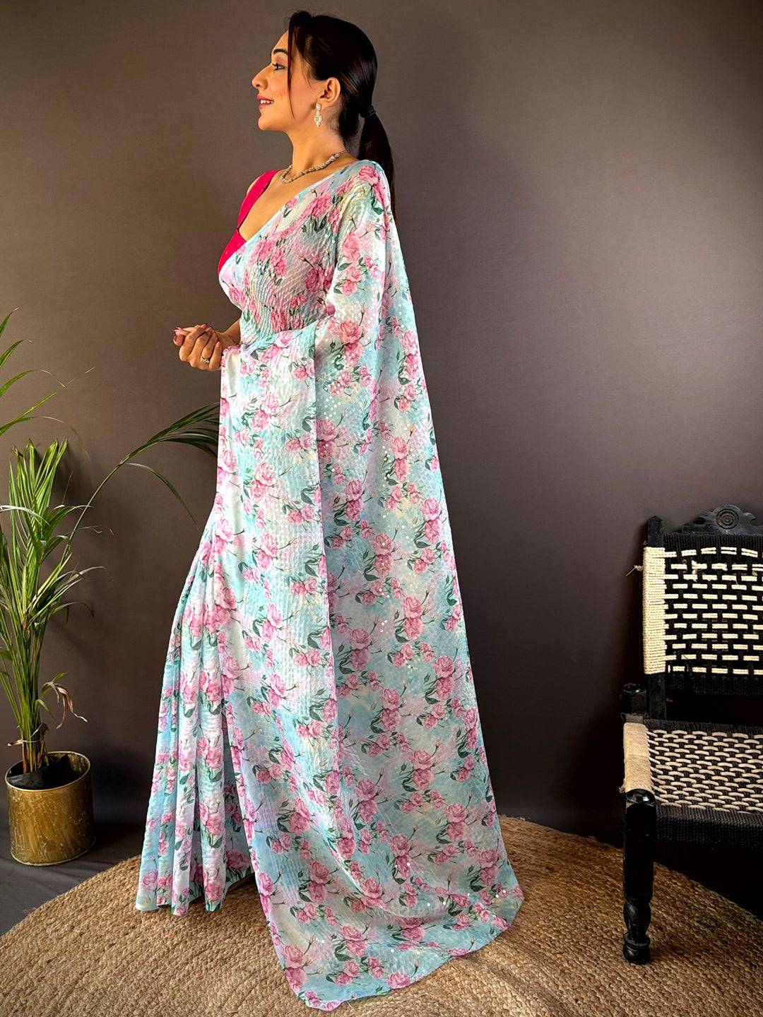 Sky Blue Soft Tebi Silk Sequin Work Saree by My Store