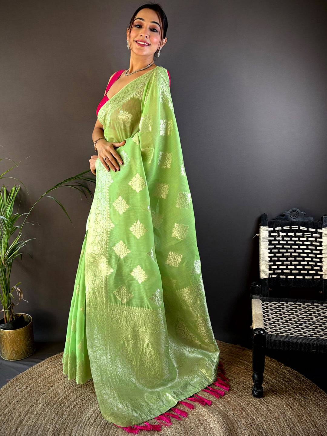 Graceful Cotton With Gold Zari Butta Saree by My Store