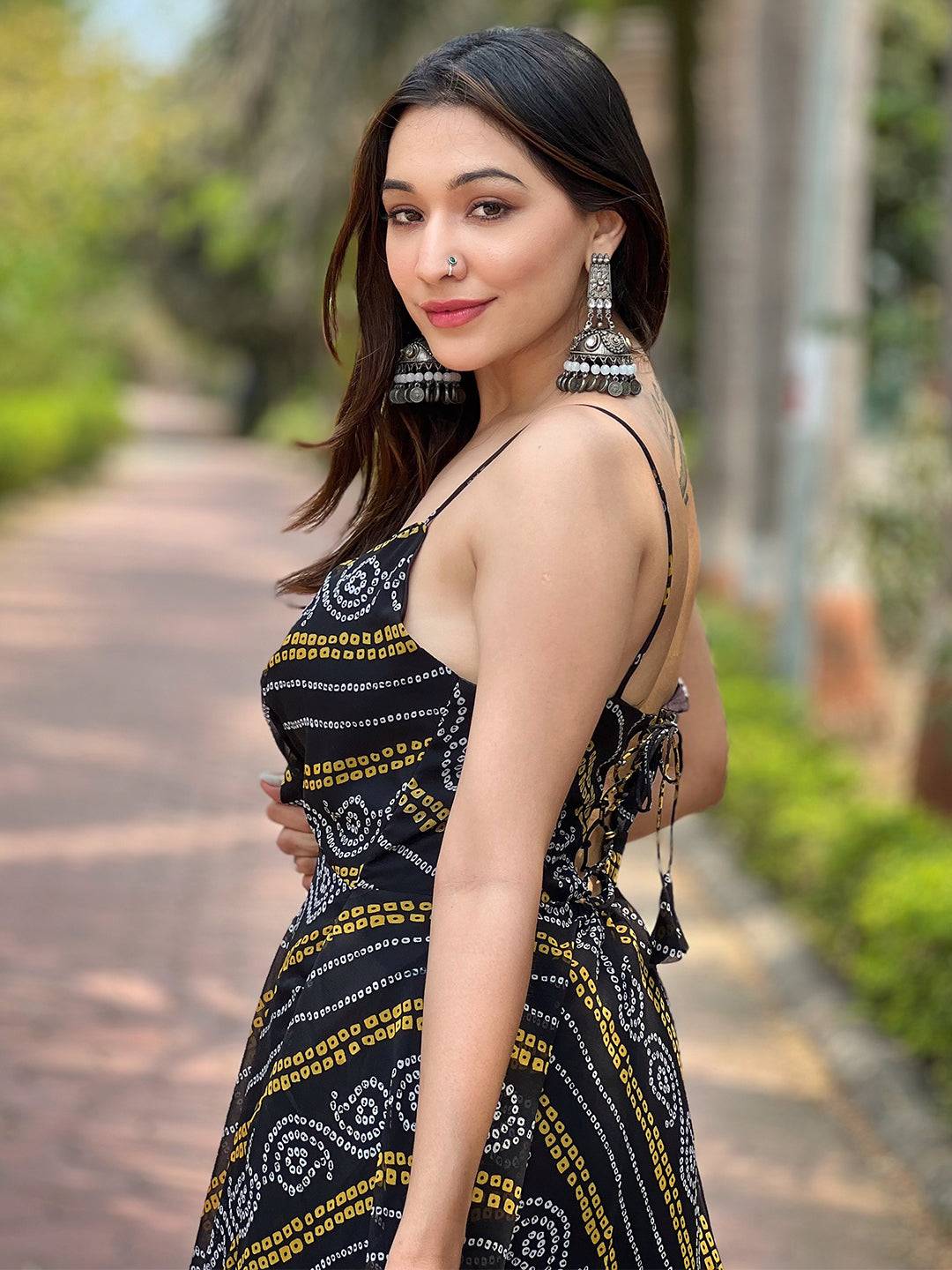 Raven Black Printed Bandhej Dress by My Store