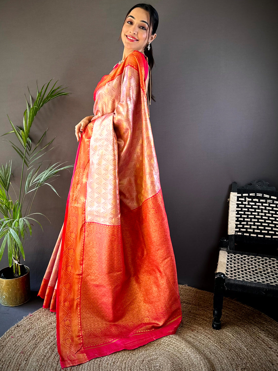 Pink Golden Geometrics With Floral Elegance Saree by My Store