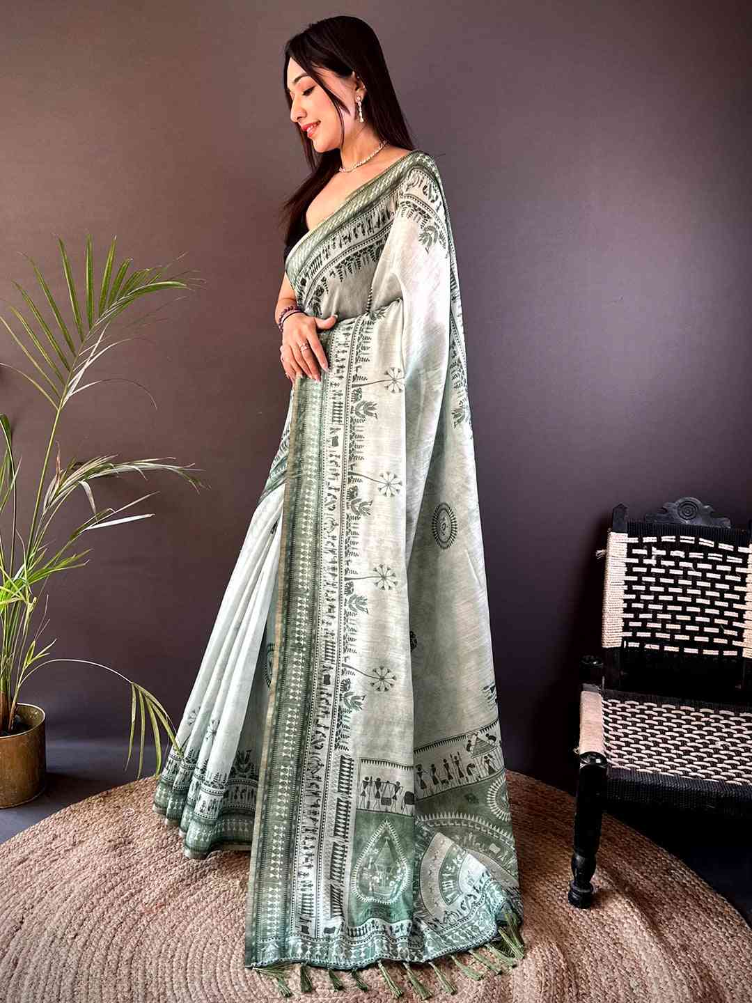 Sage Green Warli Art Tissue Chanderi Saree by My Store