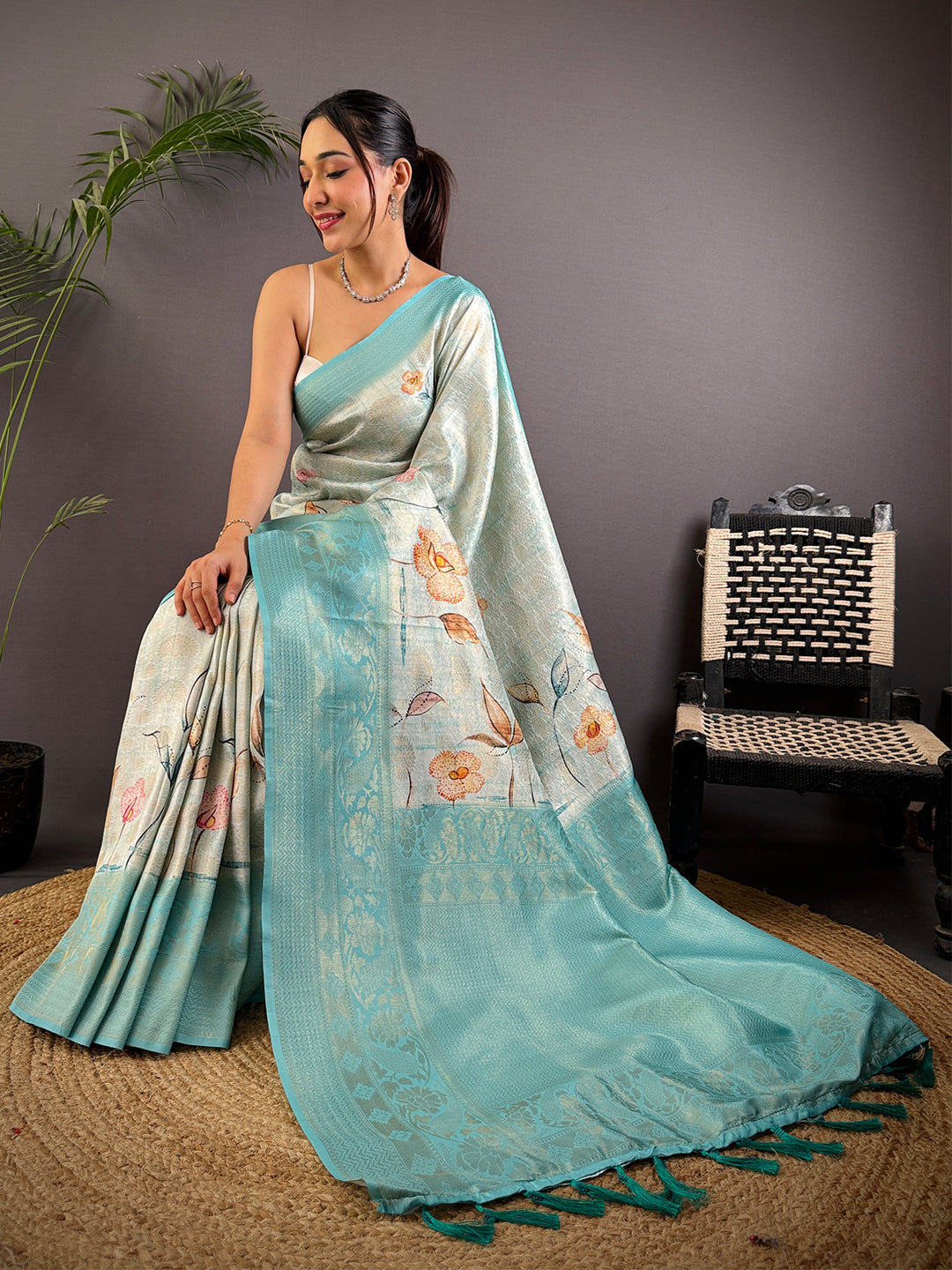 Sky Blue Kanjivaram Silk Digital Print Saree by My Store