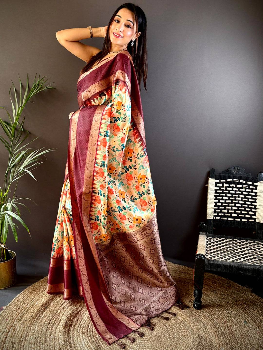 Rich Maroon Banarasi Soft Silk Saree by My Store