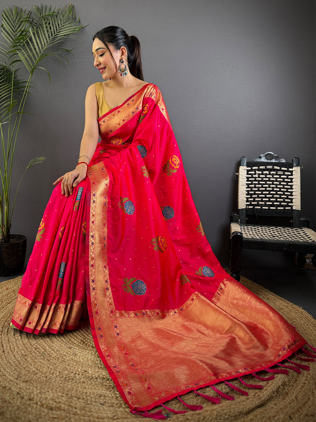 Pink Soft Silk Flowerport Minakari Saree by My Store