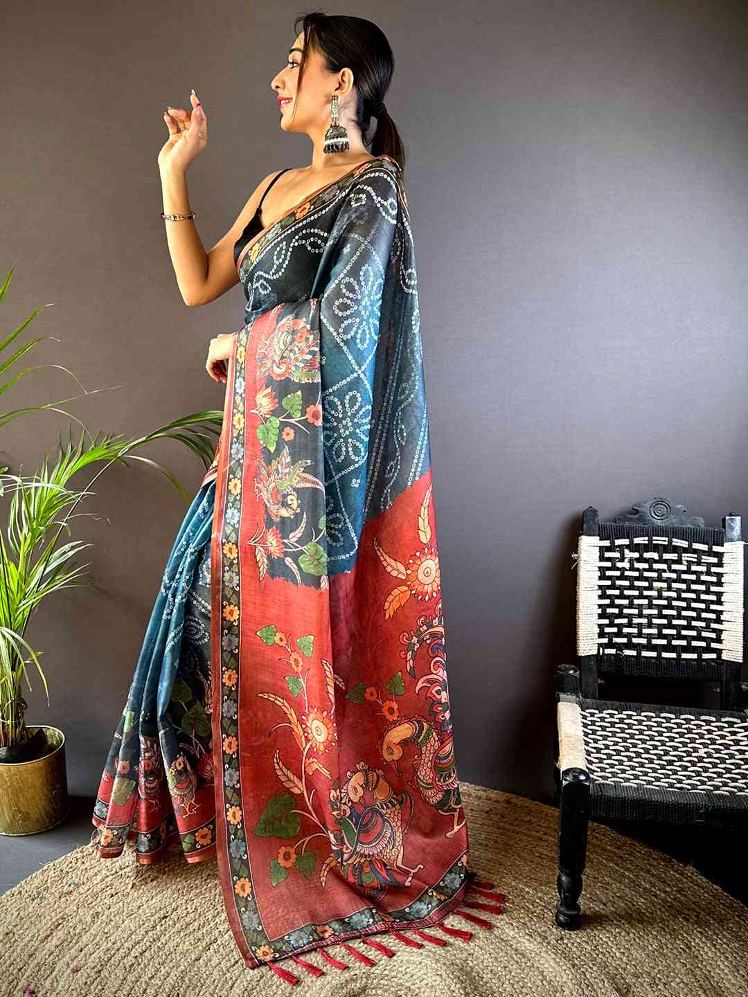 Blue Tissue Bandhej Kalamkari Saree by My Store