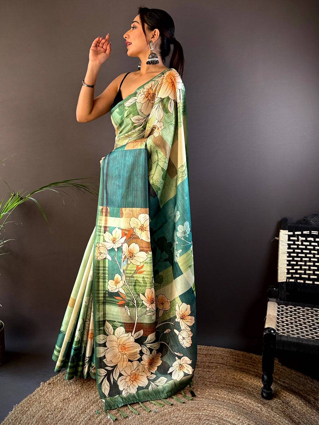 Pista Semi-Gold Zari Abstract Tussar Saree by My Store