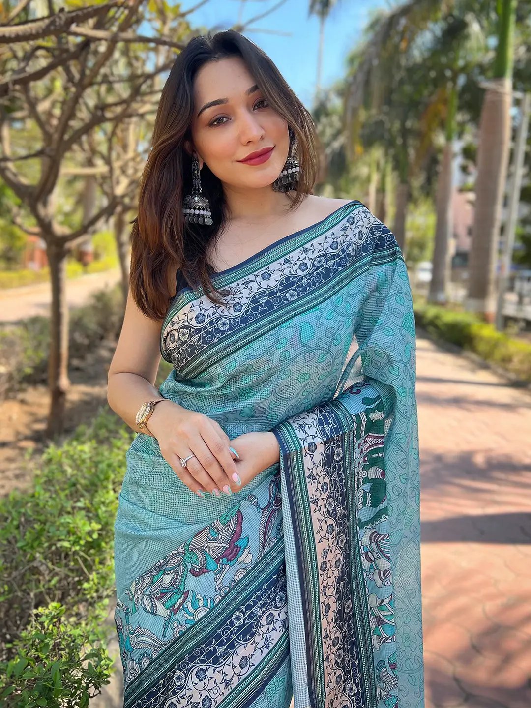 Satin Kota Doria Saree With Kalamkari Digital Print In Turquoise Colour by My Store