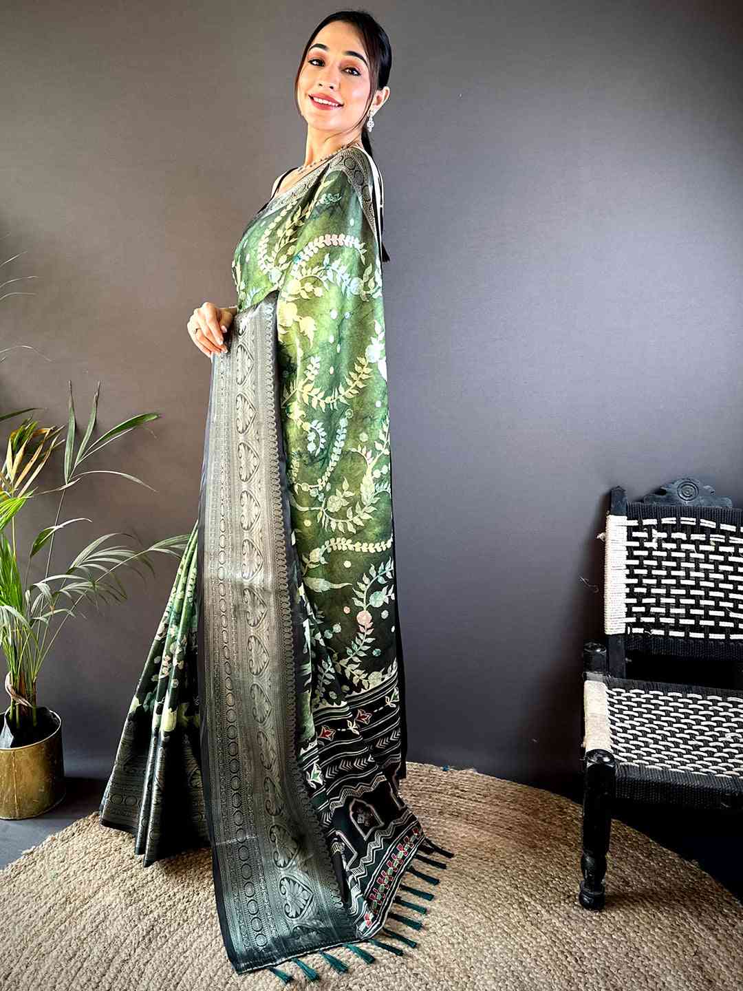 Green Floral Animal Batik Soft Silk Saree by My Store