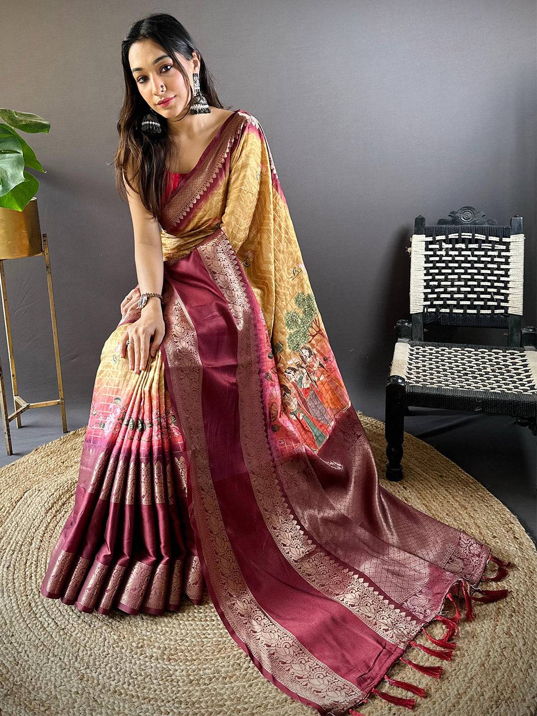 Mustard Banarasi Pichwai Print Saree by My Store