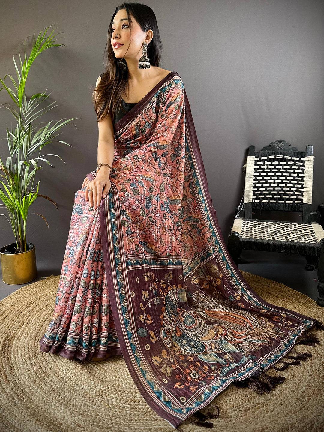 Rust Kalamkari Stripes Chanderi Saree by My Store