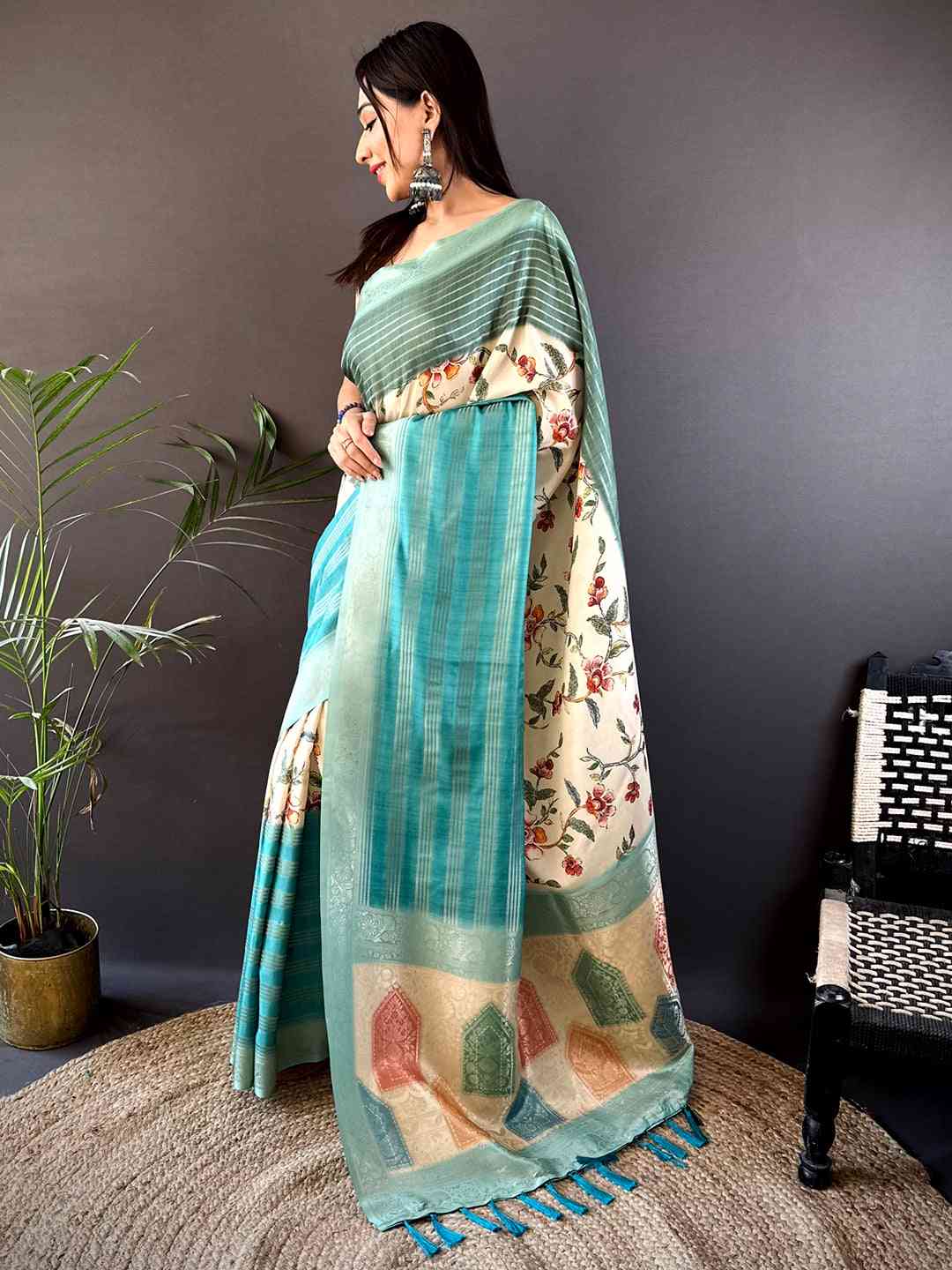 Pastel Teal Soft Crepe Silk Digital Ombre Saree by My Store