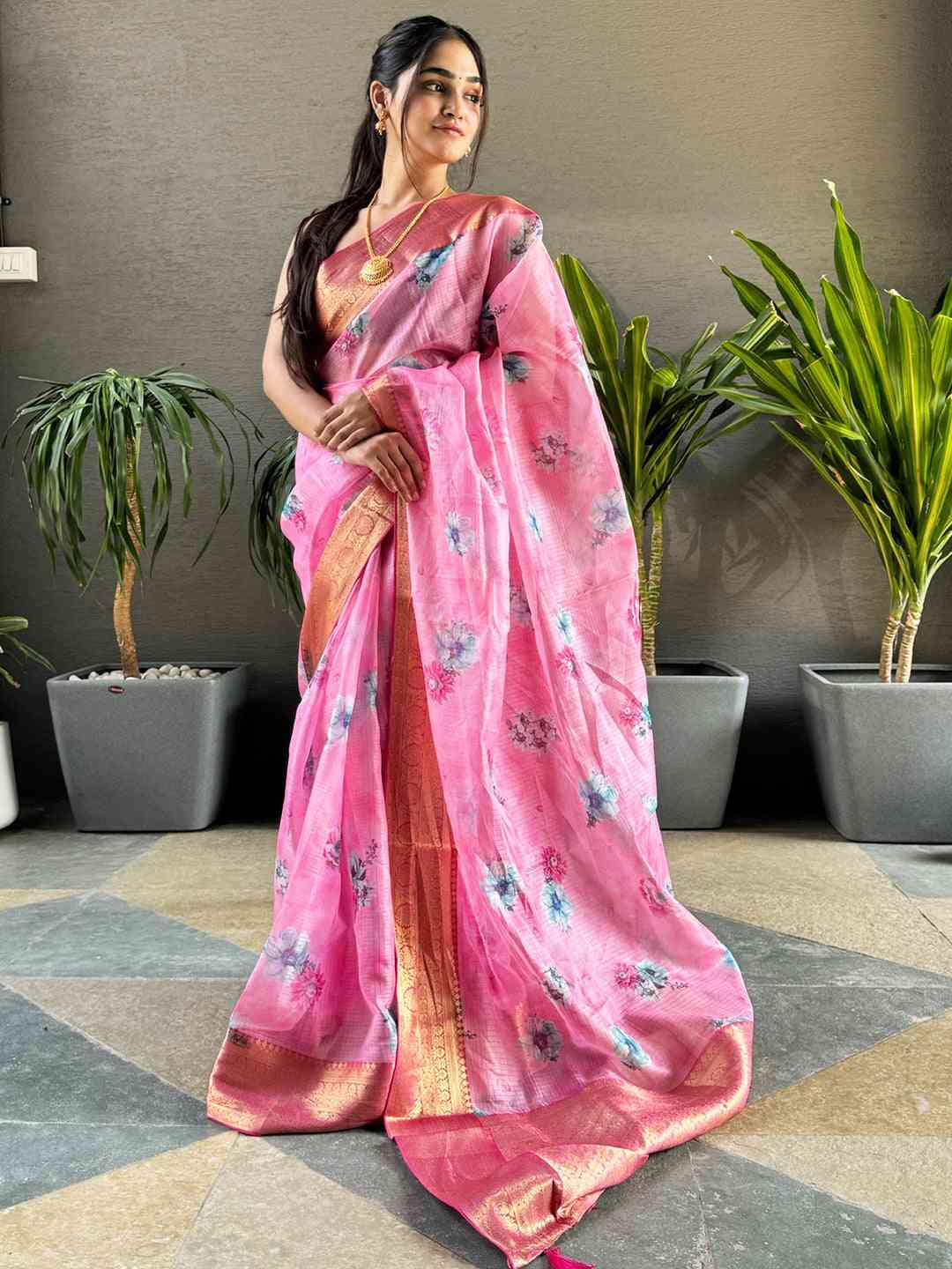 Latest Pink Colour Digital Flower Print Kota Silk Saree by My Store
