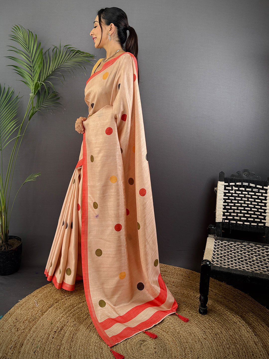 Cream Handloom Ghicha polka Dot Saree by My Store
