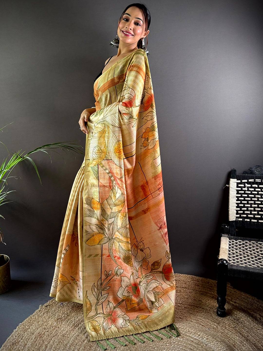 Olive Tussar Silk Lush Botanical Prints Saree by My Store