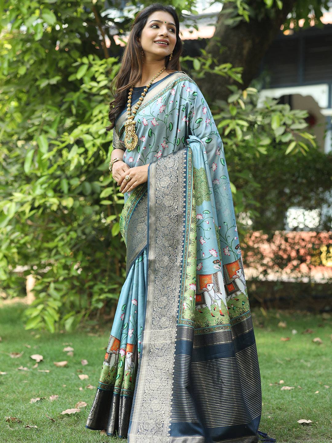 Pichwai Print Zari Weaving Pallu Saree In Sky Blue Colour - Luxe by My Store