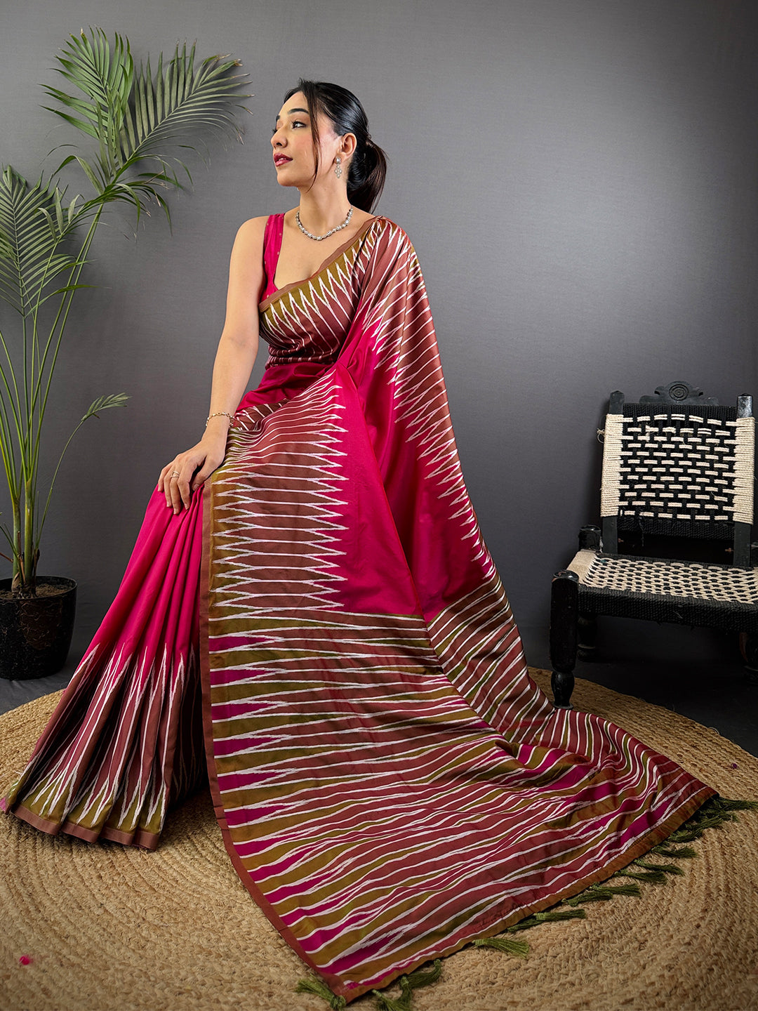 Peach Soft Silk Ikkat Zari Weaving Saree by My Store