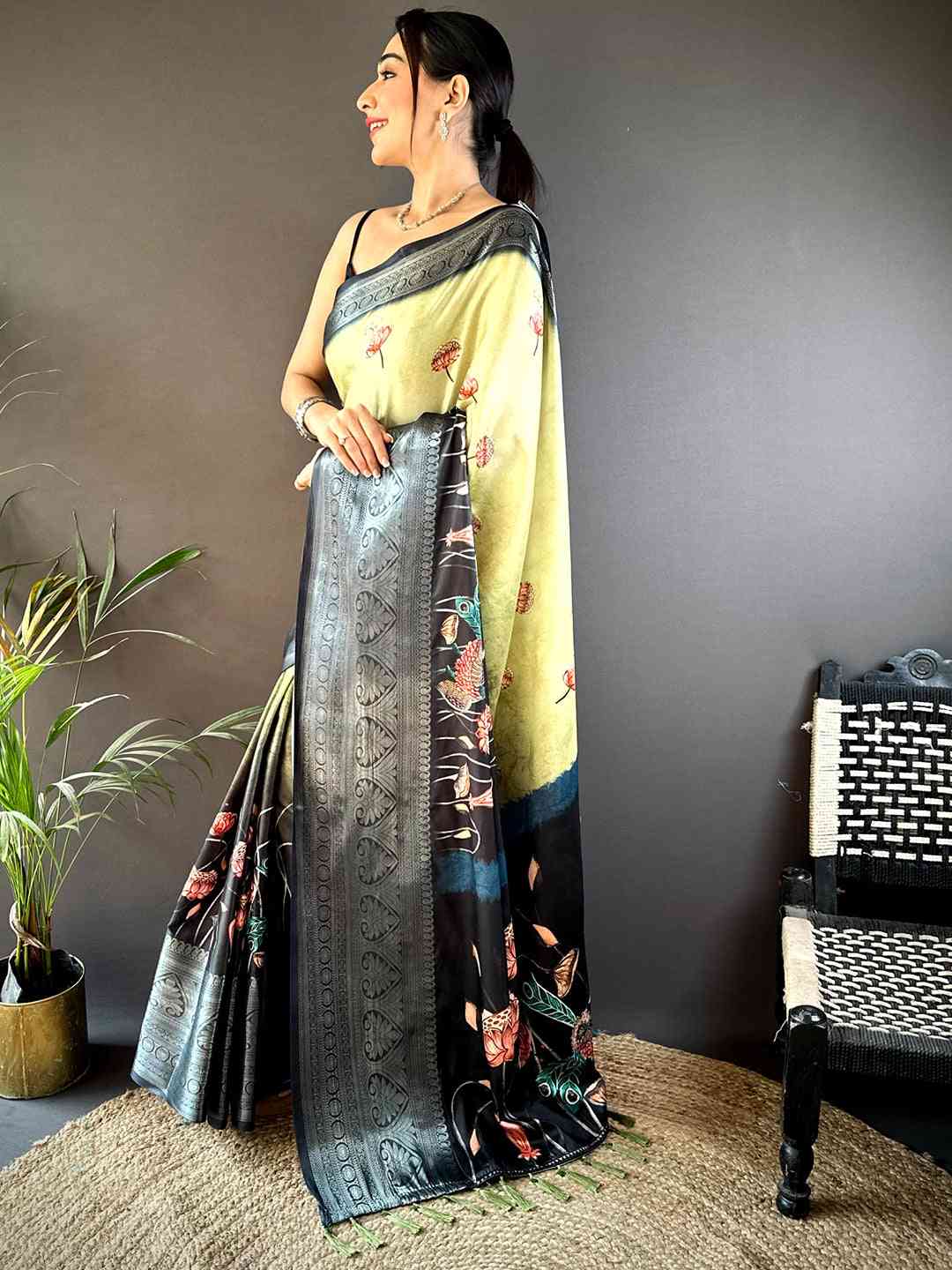 Pista Soft Silk Floral Ombre Print Saree by My Store