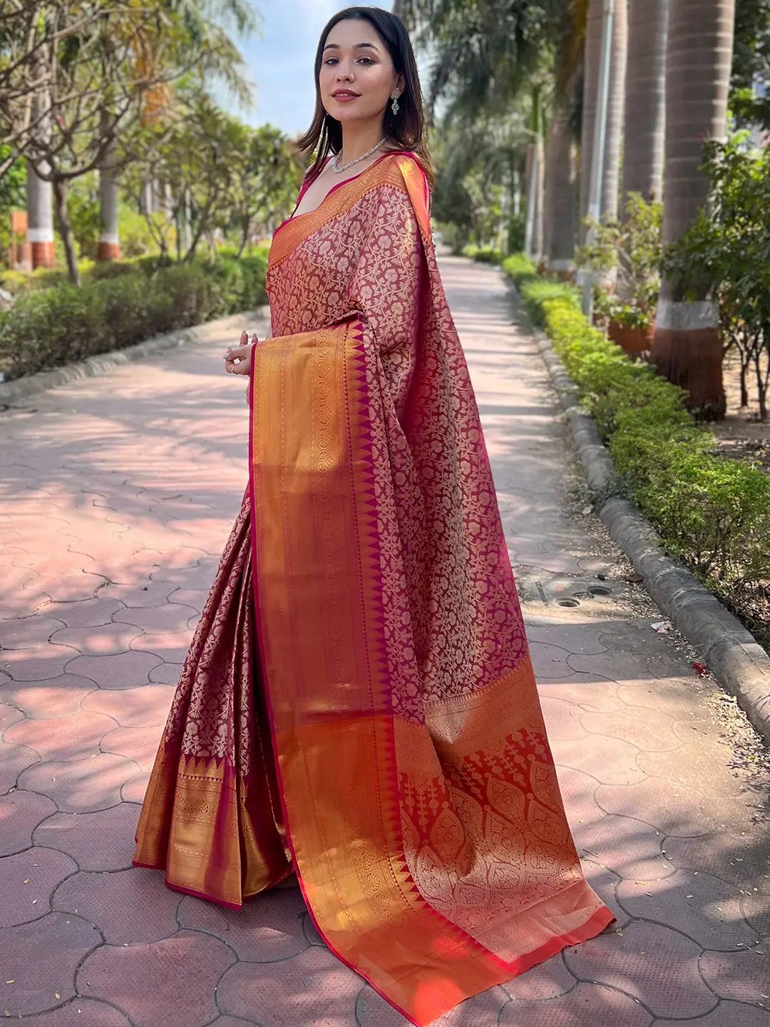 Pink Colour One Gram Gold Tissue Saree With Jacquard Woven Work by My Store