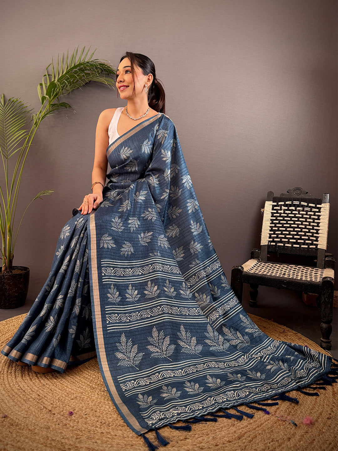 Steel Blue Leaf Print Ghicha Handloom Saree by My Store