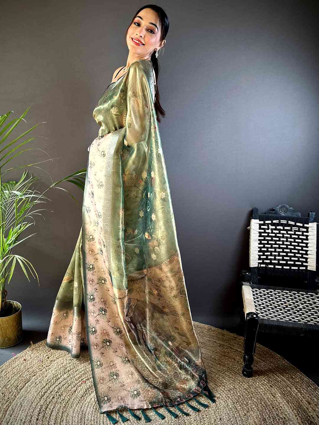 Green Floral Satin Bentex Border Saree by My Store