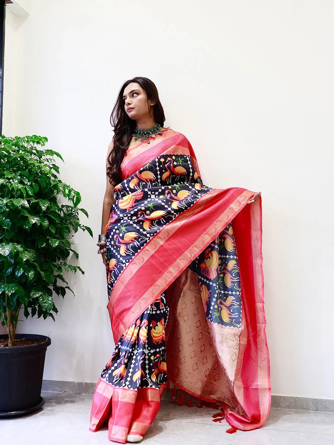 Attractive Black Gadwal Border Pochampally Print Saree
