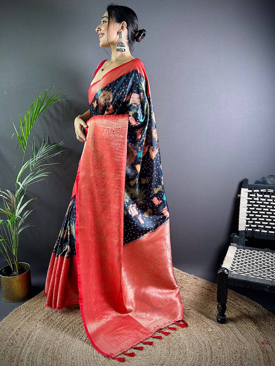 Black Satin Pichwai Print Saree