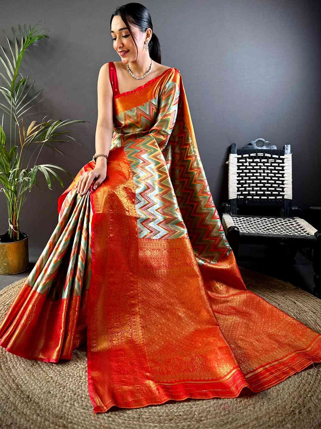 Regal Red Zigzag Dharmavaram Silk Saree by My Store