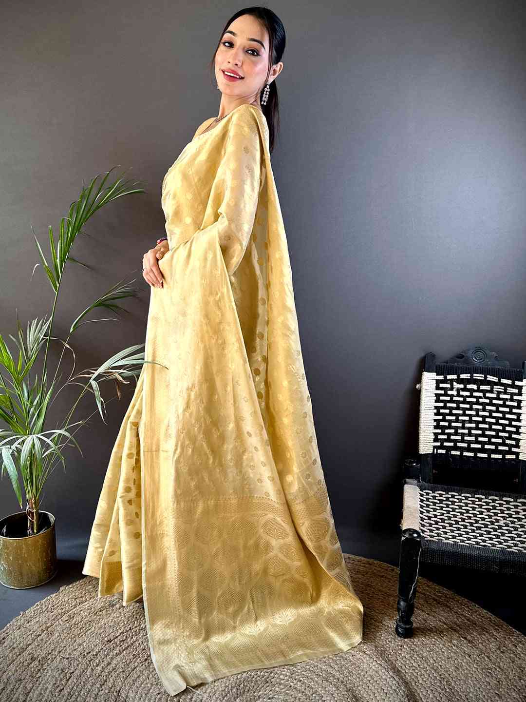 Elegant Gold Zari Glass Tissue Saree by My Store
