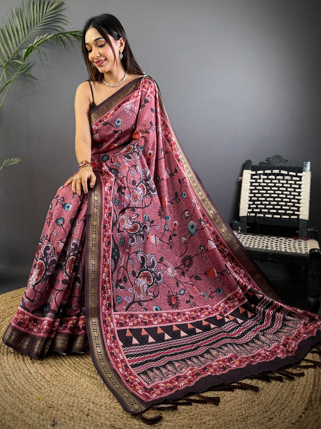 Wine Floral Grace Soft Silk Saree