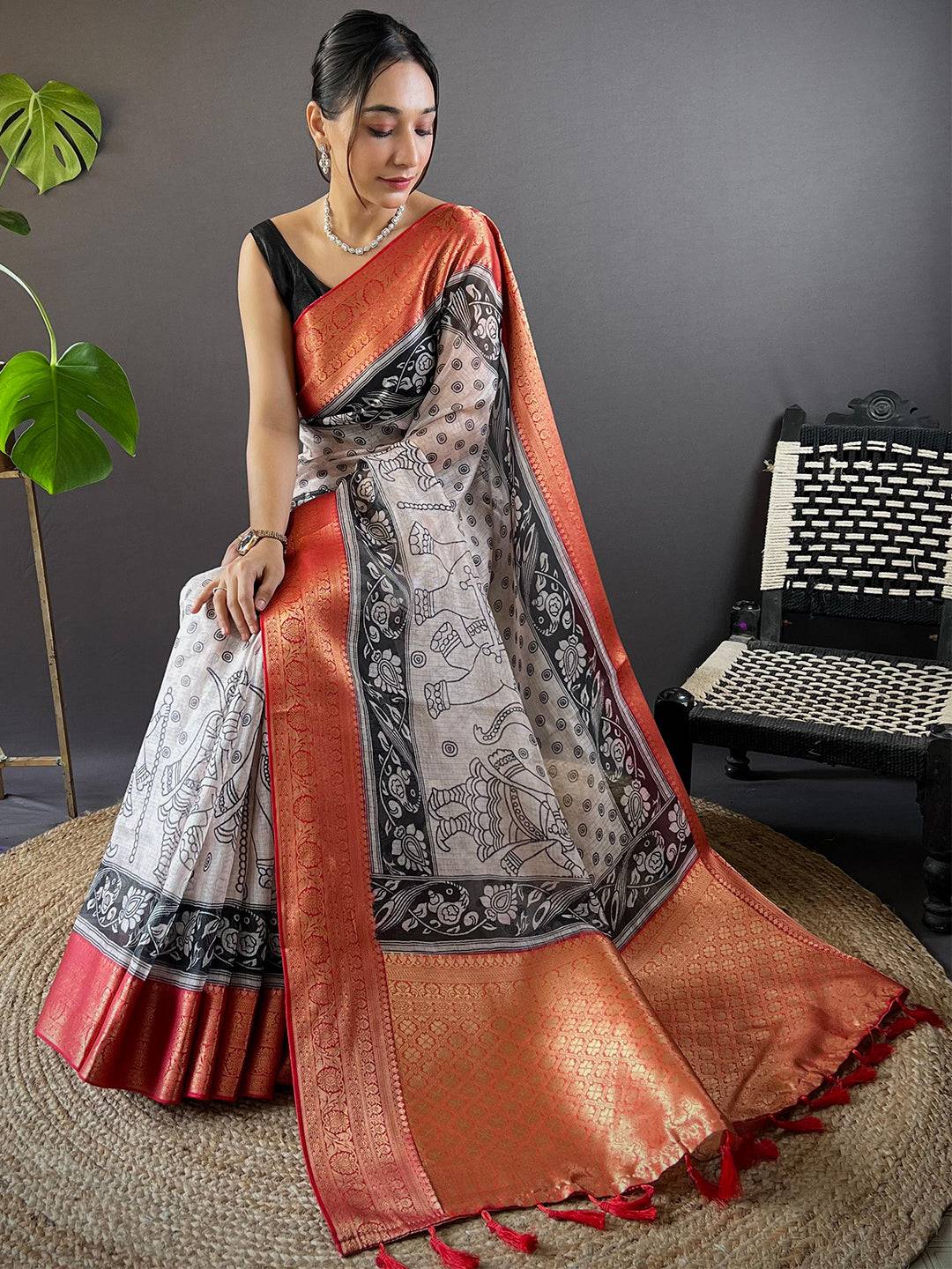 White Kalamkari Kota Saree