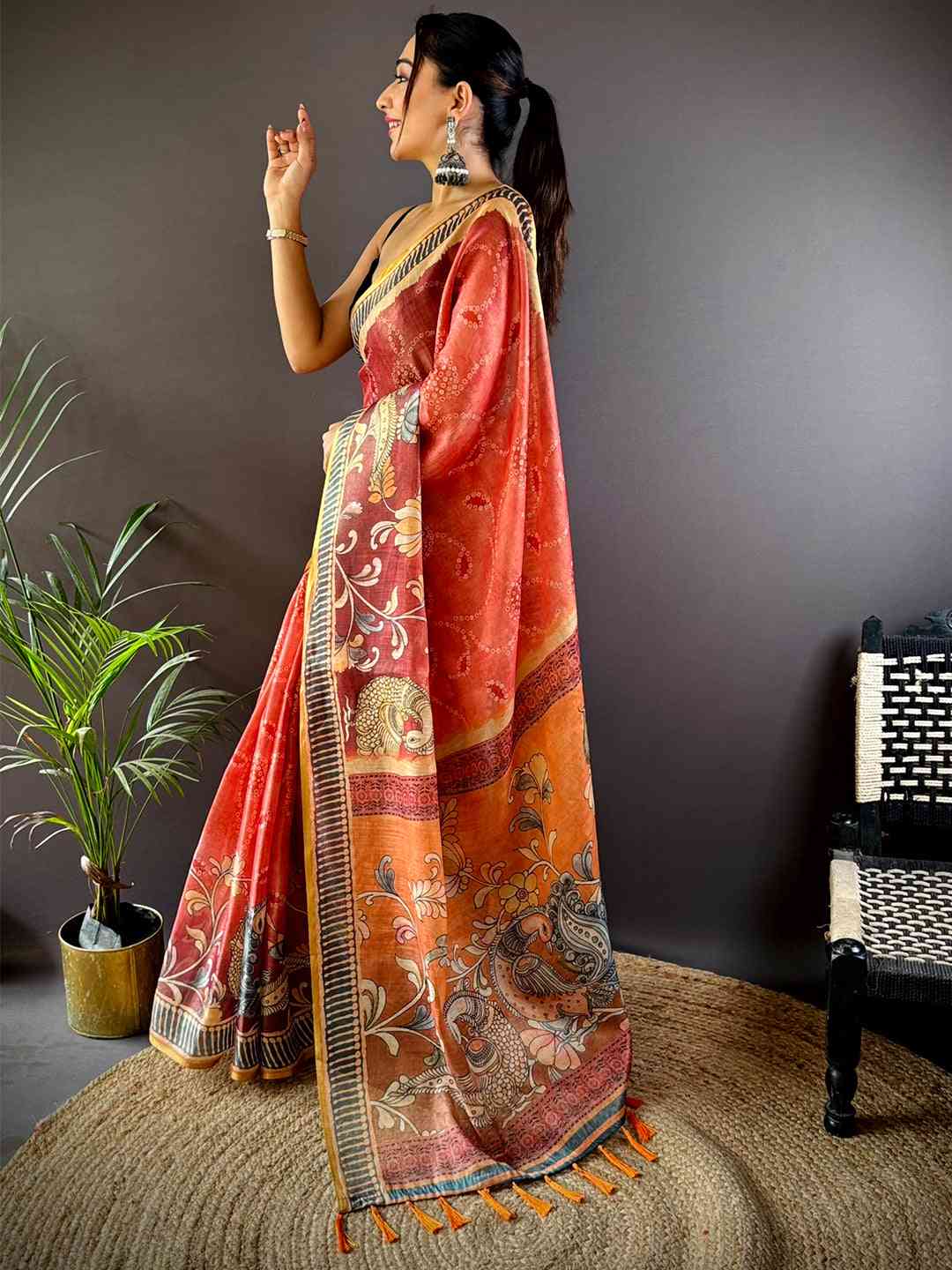 Rose Red Floral Chanderi Saree by My Store