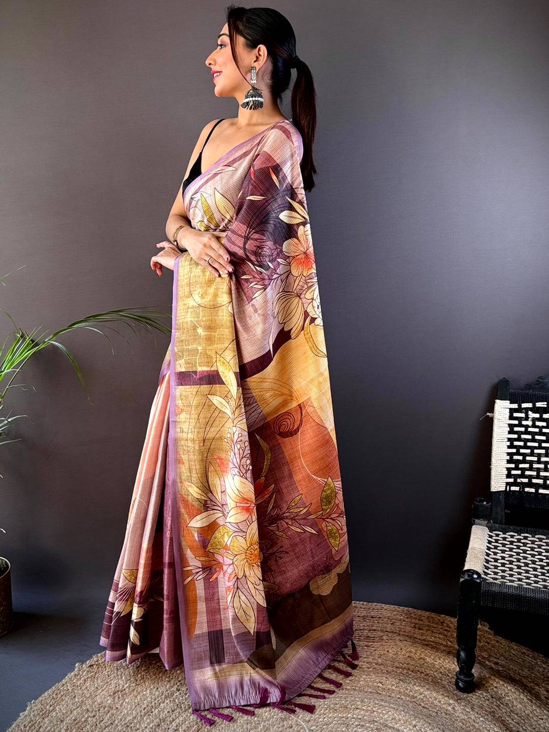 Wine Semi Zari Tussar Floral Saree
