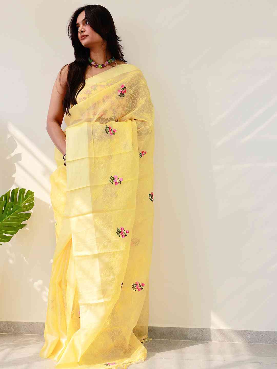 Soft Chiffon Satin Saree With Flower Embroidered Work by My Store