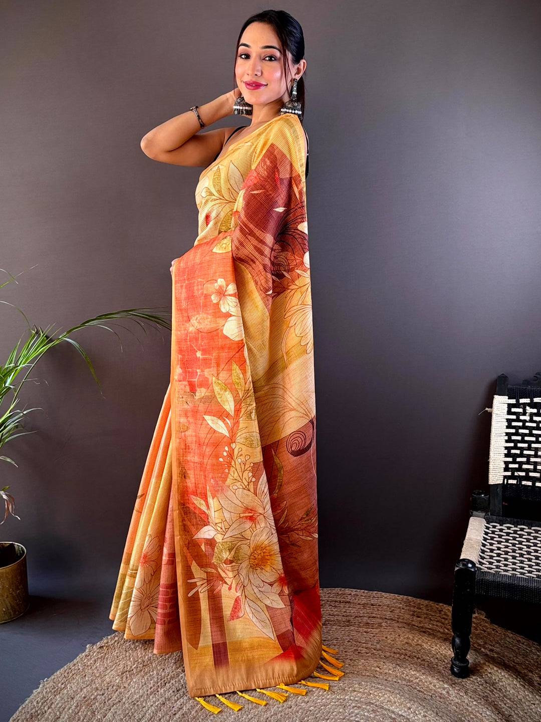 Golden Yellow Semi Zari Tussar Floral Saree by My Store