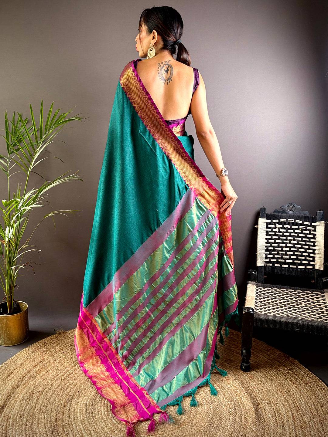 Gold Zari Magenta Accent Saree by My Store