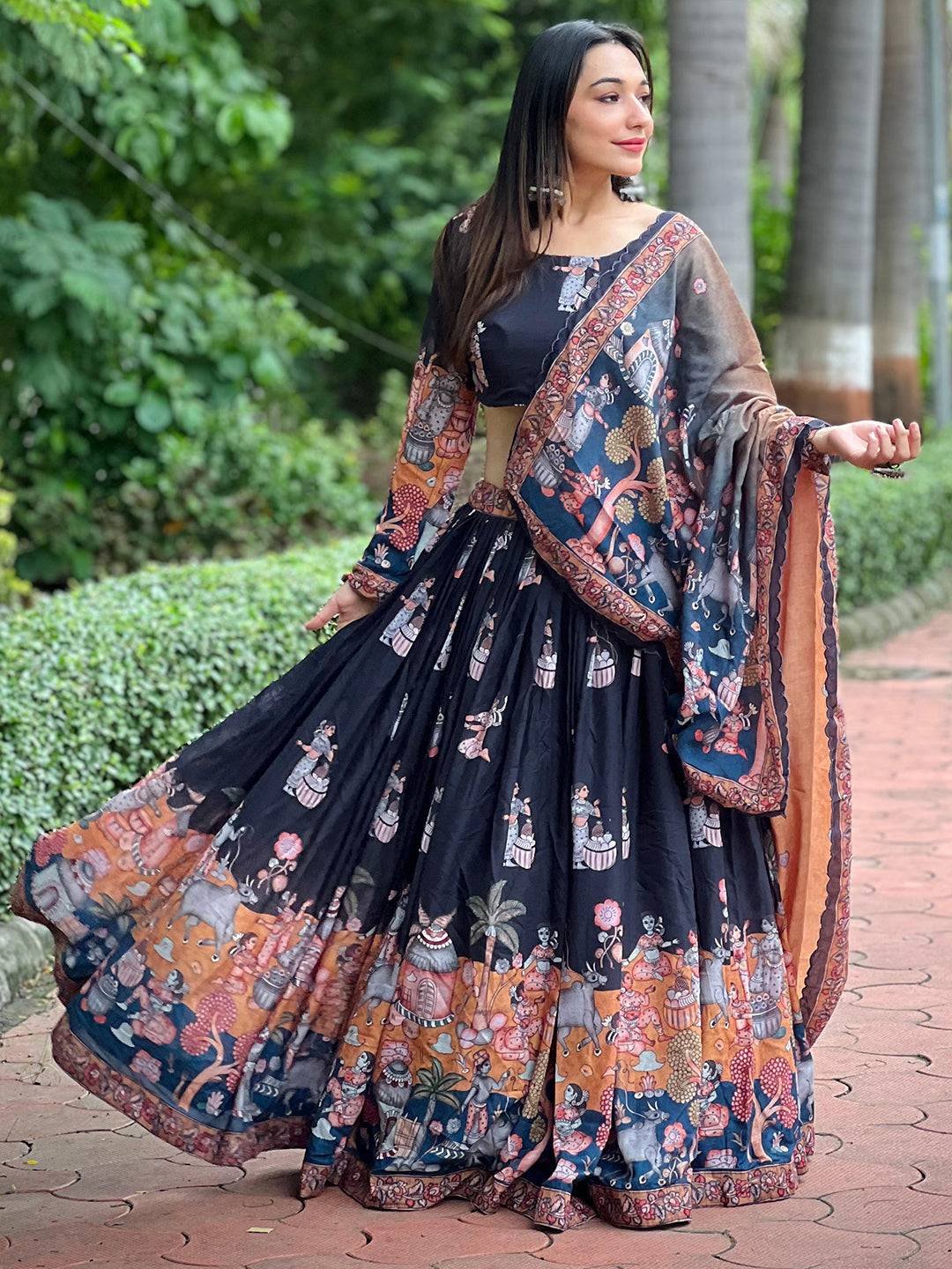 Raven Black Kalamkari Lehenga Set by My Store