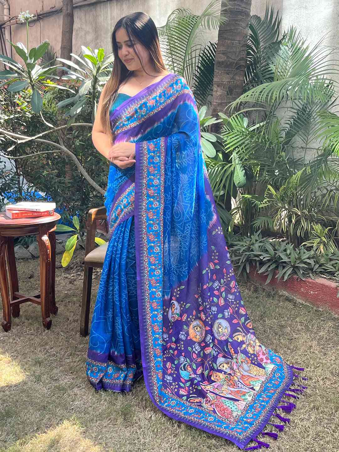 Royal Blue Design Linen Saree with Bandhej and kalamkari Digital Print by My Store
