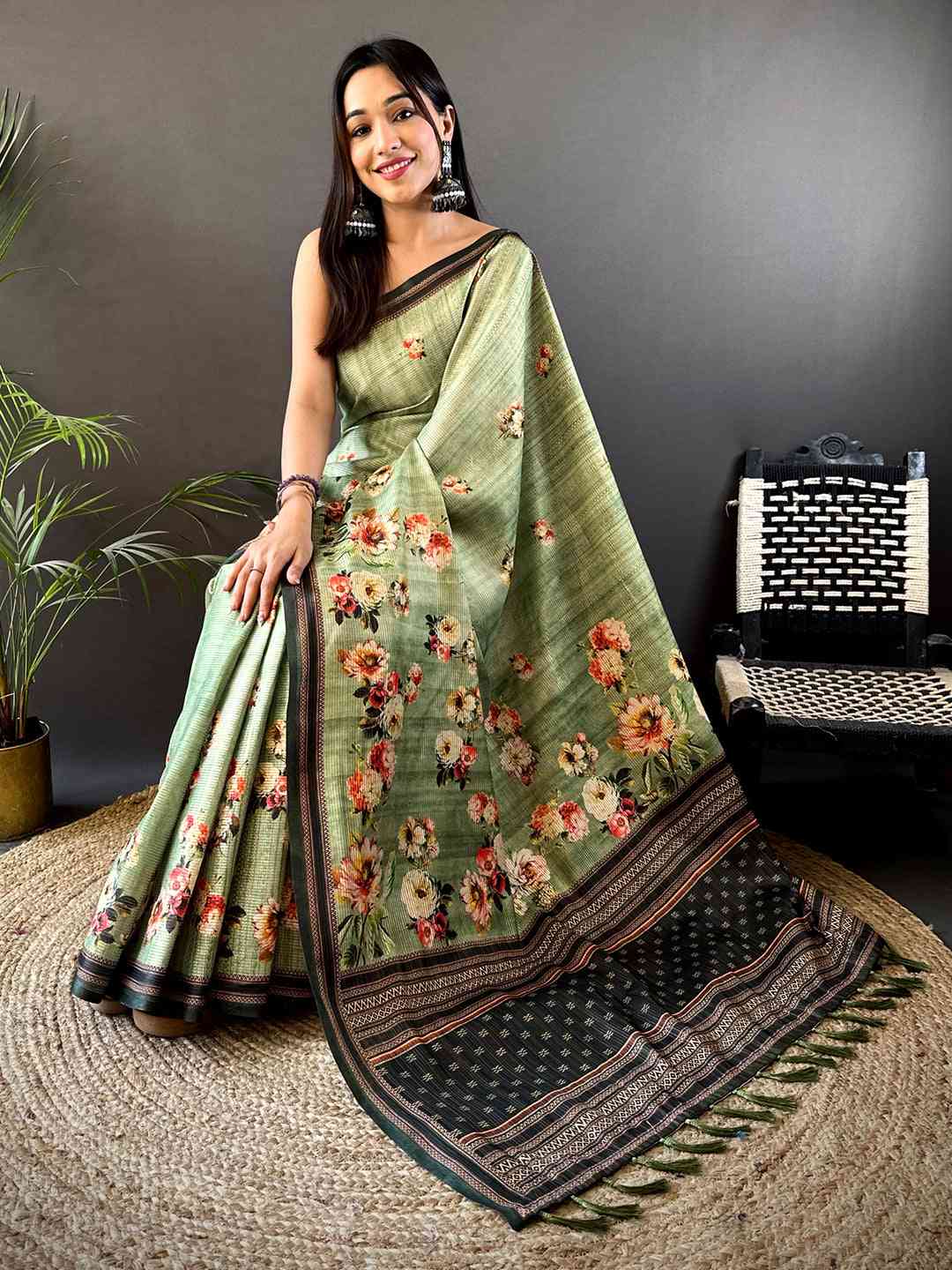 Floral Beauty in Light Green Tussar Zari Saree by My Store