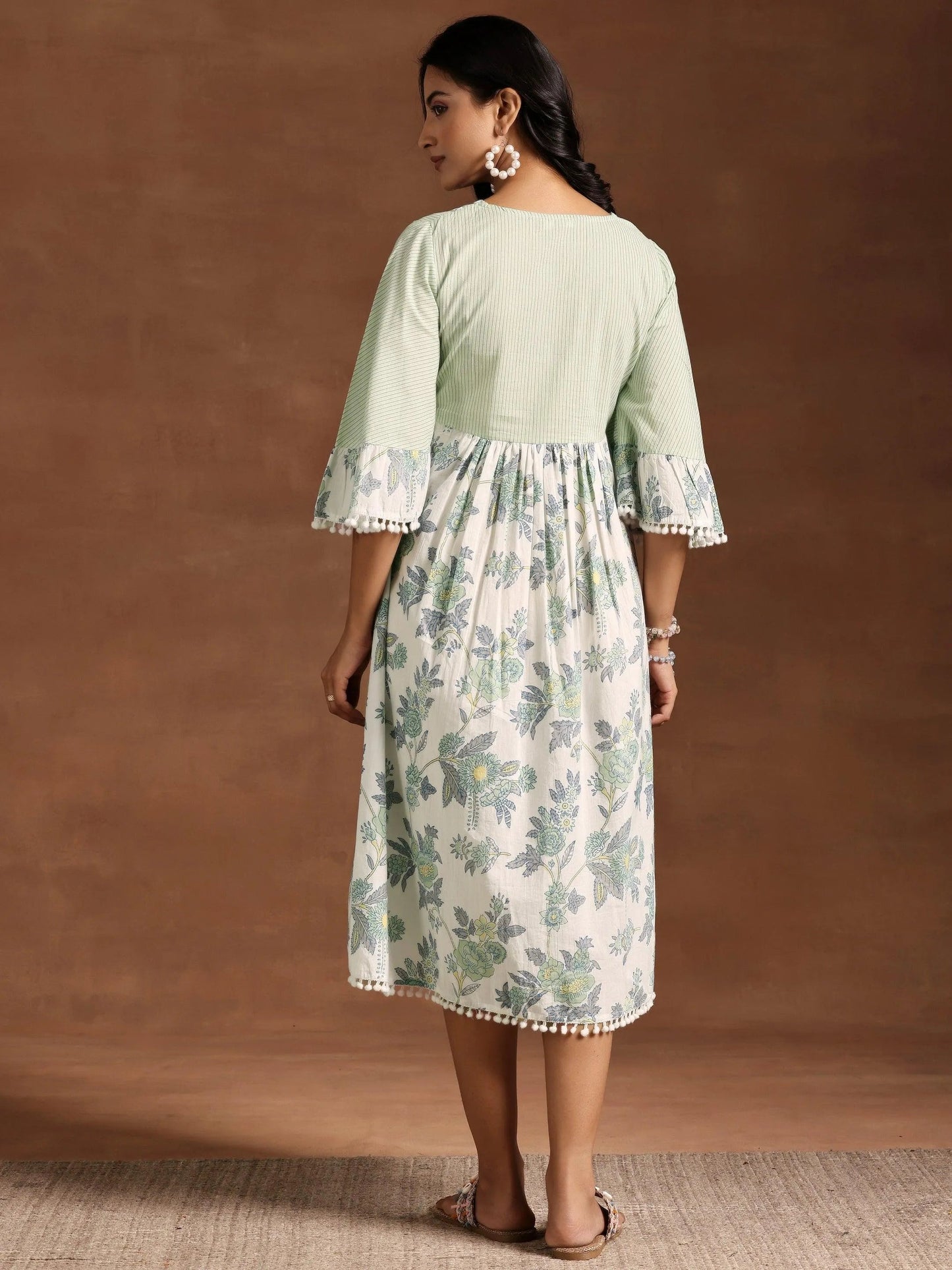 Green Printed Cotton A-Line Dress by My Store