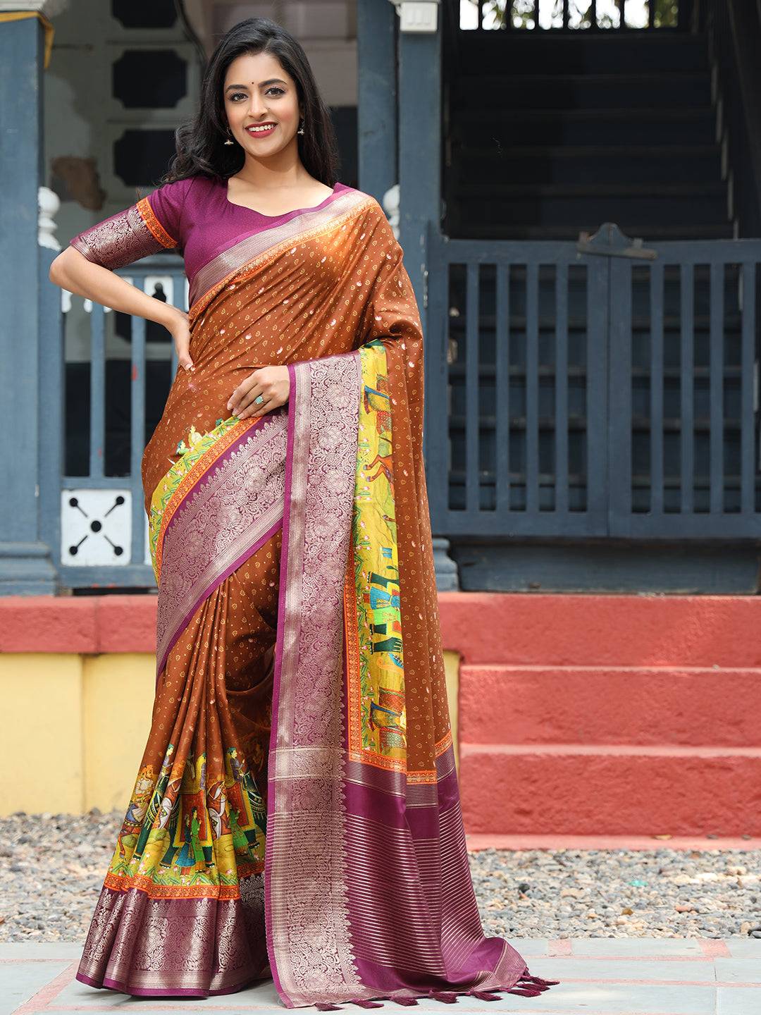 Brown Pure Viscose Dola Silk Saree with Exquisite Bhandhej Print - Luxe by My Store