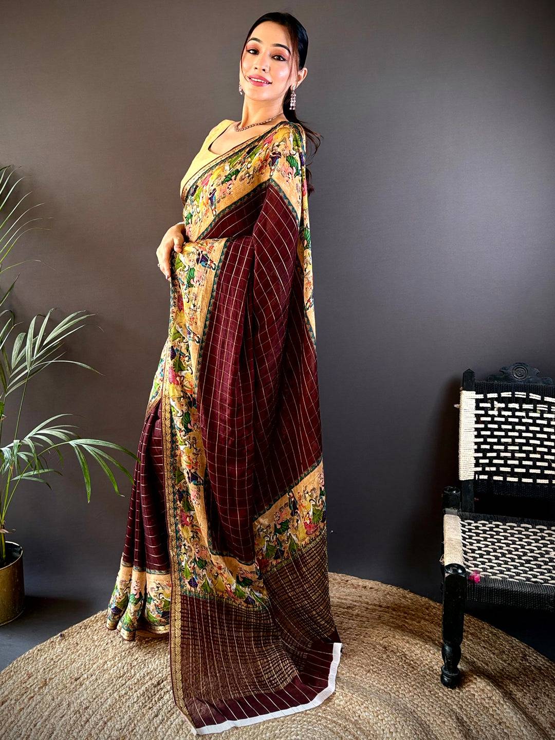 Brown Chinnon Chiffon Kalamkari Saree by My Store