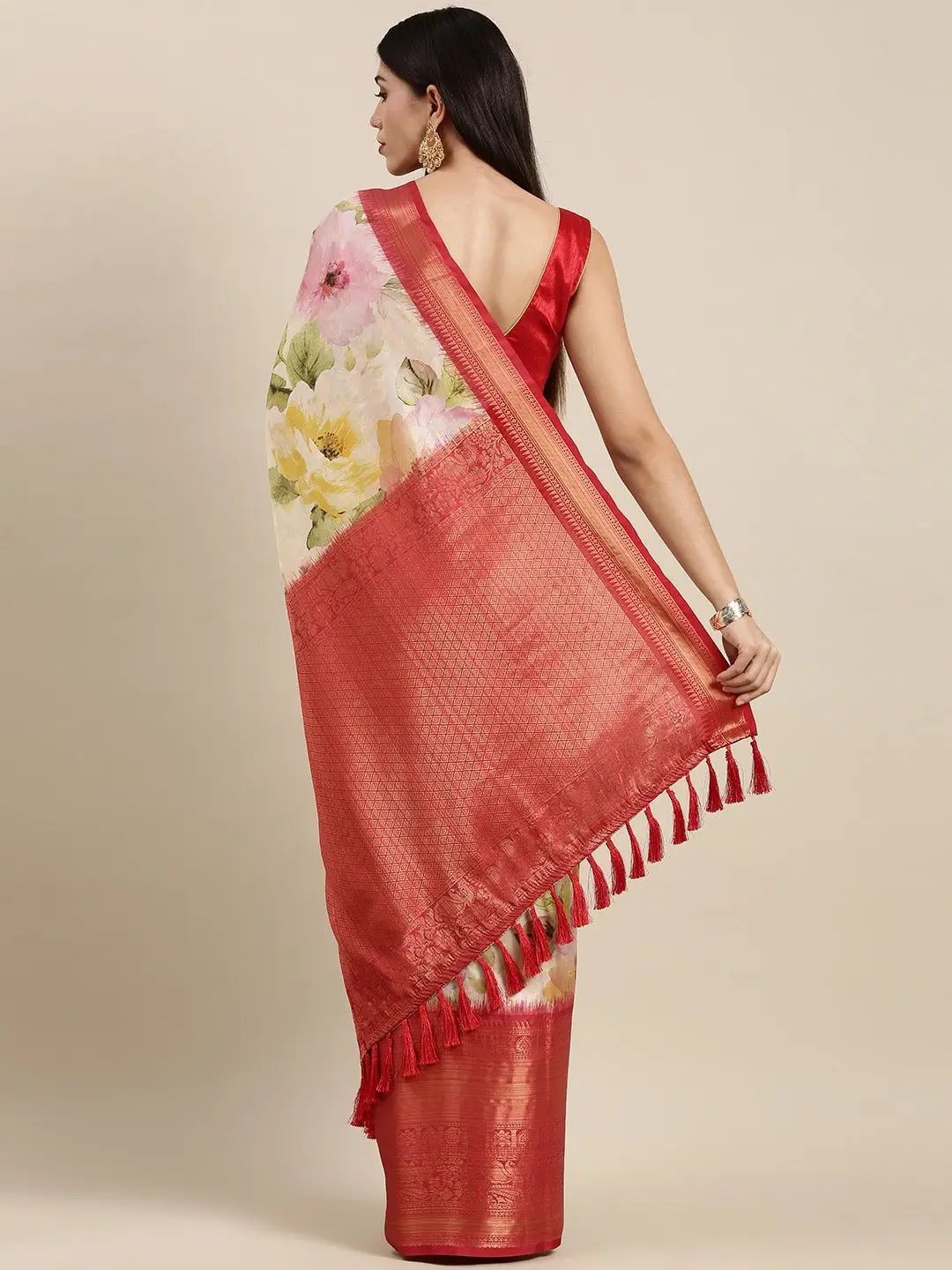 Red Colour Digital Floral Print Pattu Banarasi Silk Saree by My Store