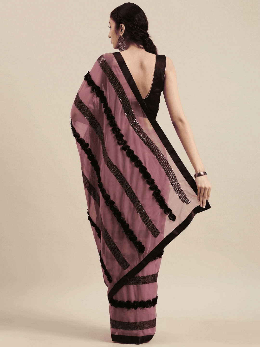 Poly Georgette Ribbon 3D Work Wine Colour Saree by My Store