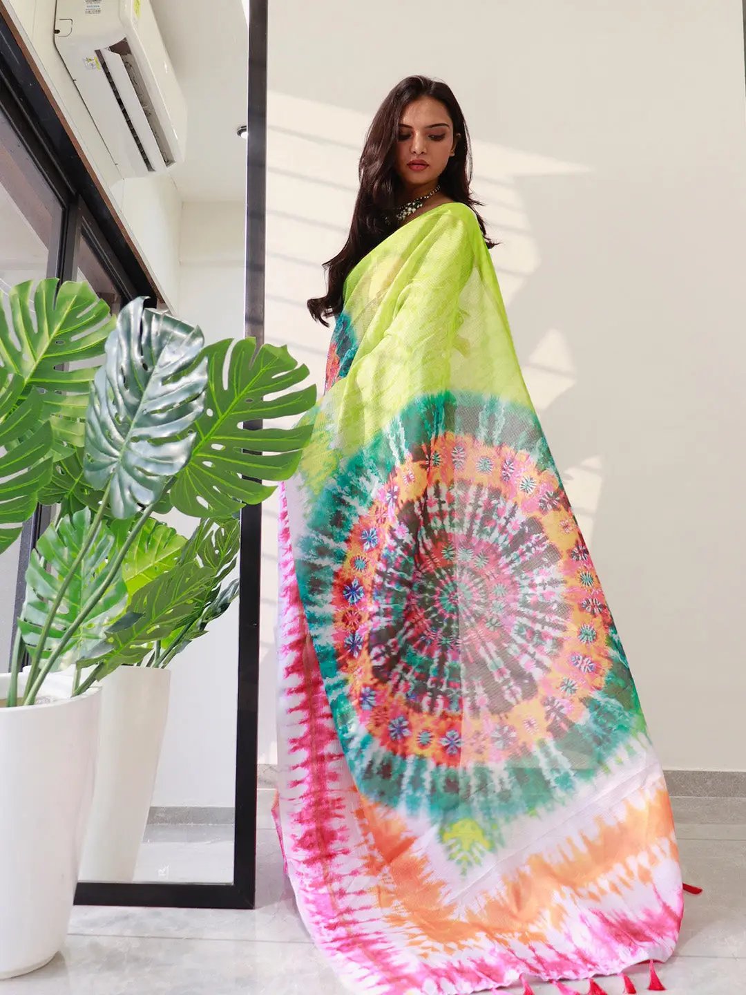Tie dye Digital printed Satin Kota Doriya Designer Party Wear Saree in Lime Colour