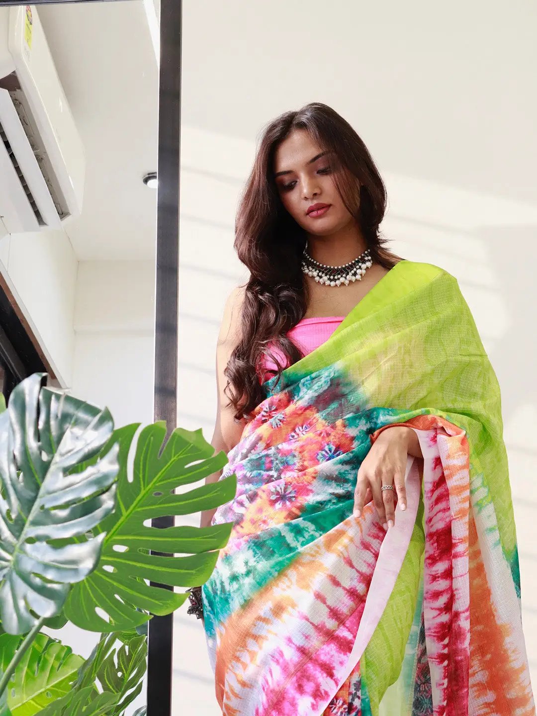 Tie dye Digital printed Satin Kota Doriya Designer Party Wear Saree in Lime Colour