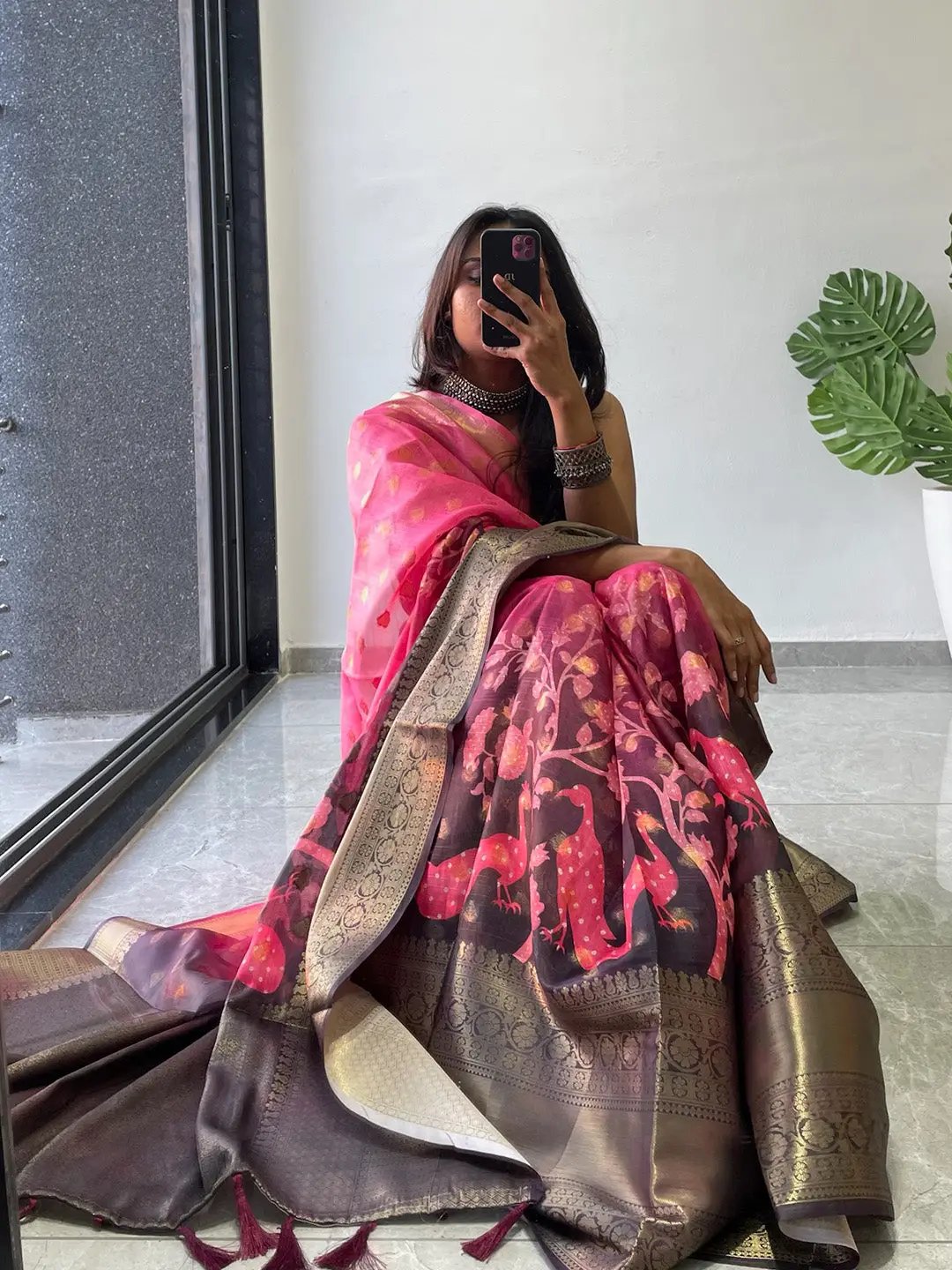 Peach Hybrid Kalamkari Printed Kota Doriya Saree by My Store