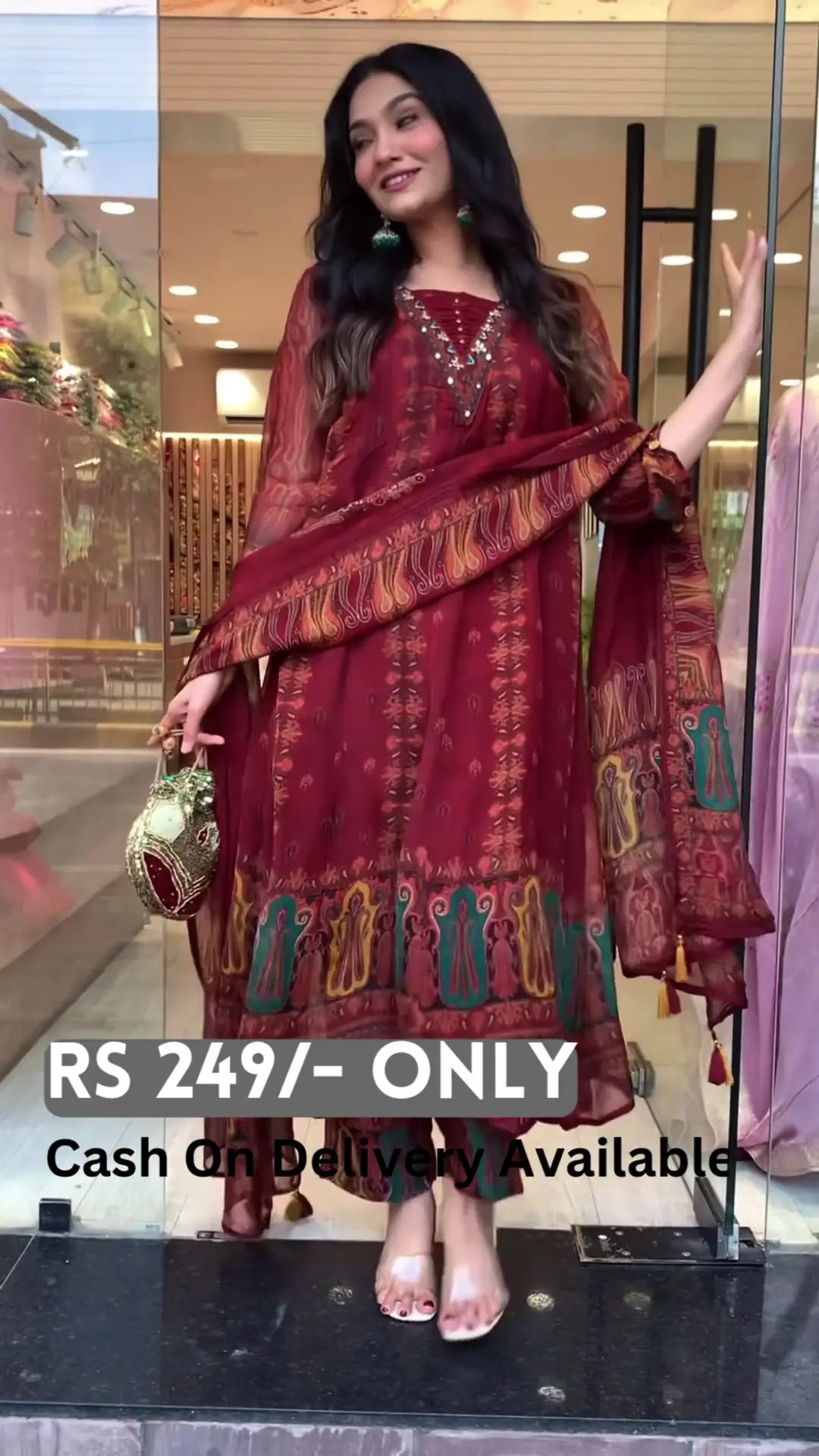 Burgundy Printed Anarkali with Embroidered Neckline - My Store